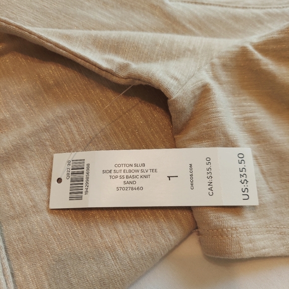 Chico's Cotton Slub Tee Top SS Basic Knit Side Slit V Neck Style Size 8 Sand NWT - Picture 9 of 9